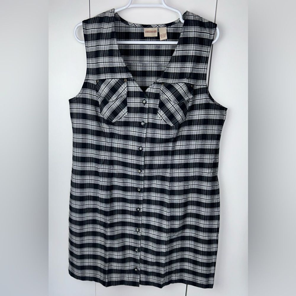 Crossroads Plaid Button Down Dress Chest Pockets Size Large Black Gray White